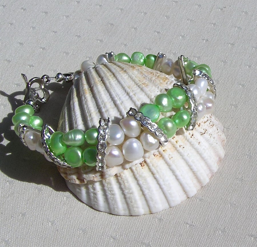 Apple Green & White Freshwater Pearl Glamour Bracelet "Mint Crush" - SALE