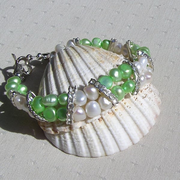 Apple Green & White Freshwater Pearl Glamour Bracelet "Mint Crush" - SALE