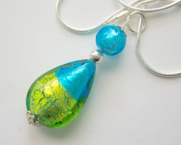 Murano Glass turquoise and green pear drop pendant with sterling silver.