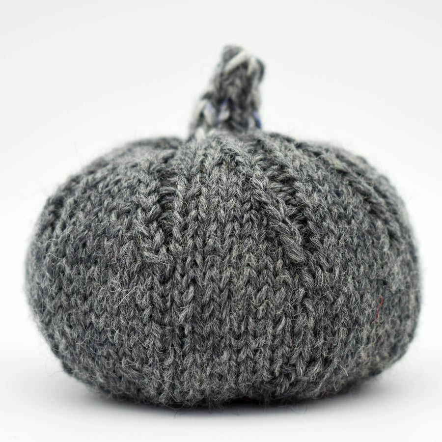 SOLD Hand knitted pumpkin pin cushion Charcoal grey