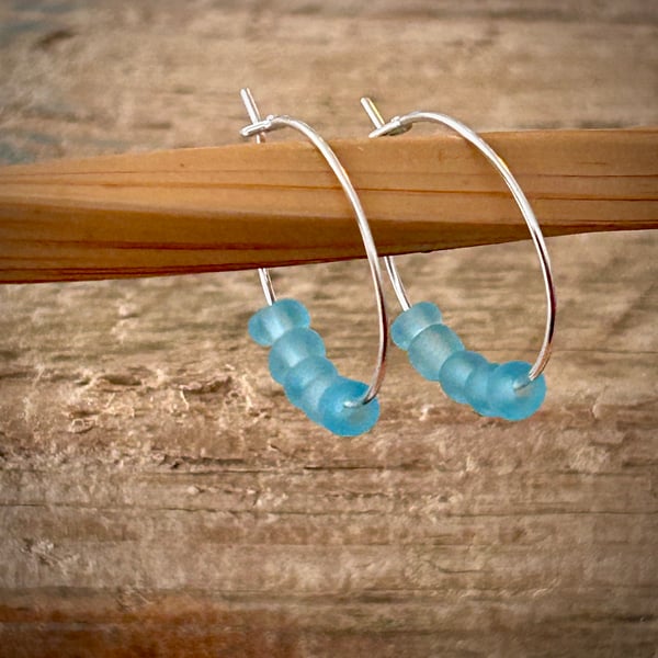 Silver Plated Hoop Earrings with Frosted Glass Beads