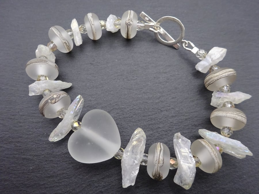lampwork glass bracelet, frosted heart and quartz