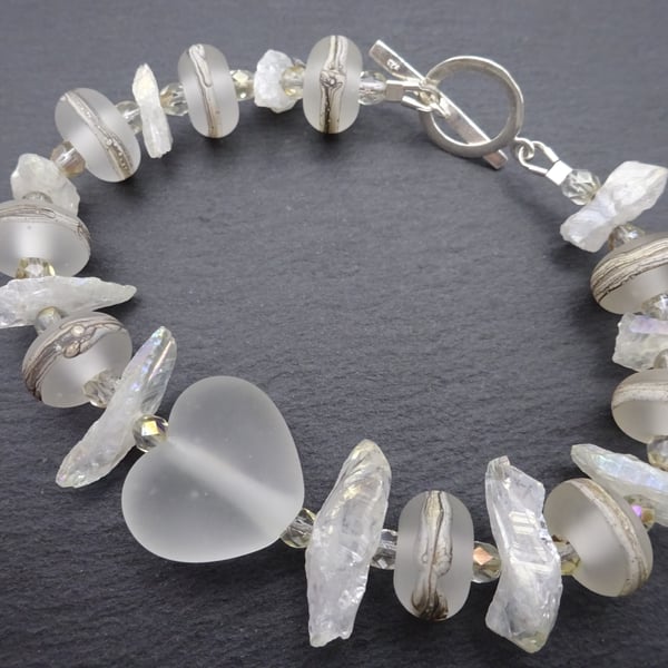 lampwork glass bracelet, frosted heart and quartz