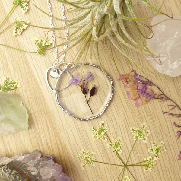 Wildflower and Heart Charm Pendant with Real Flowers and Resin