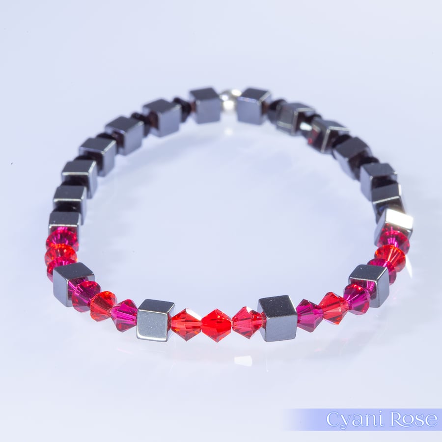 Swarovski and Hematite stretch beaded bracelet red pink black