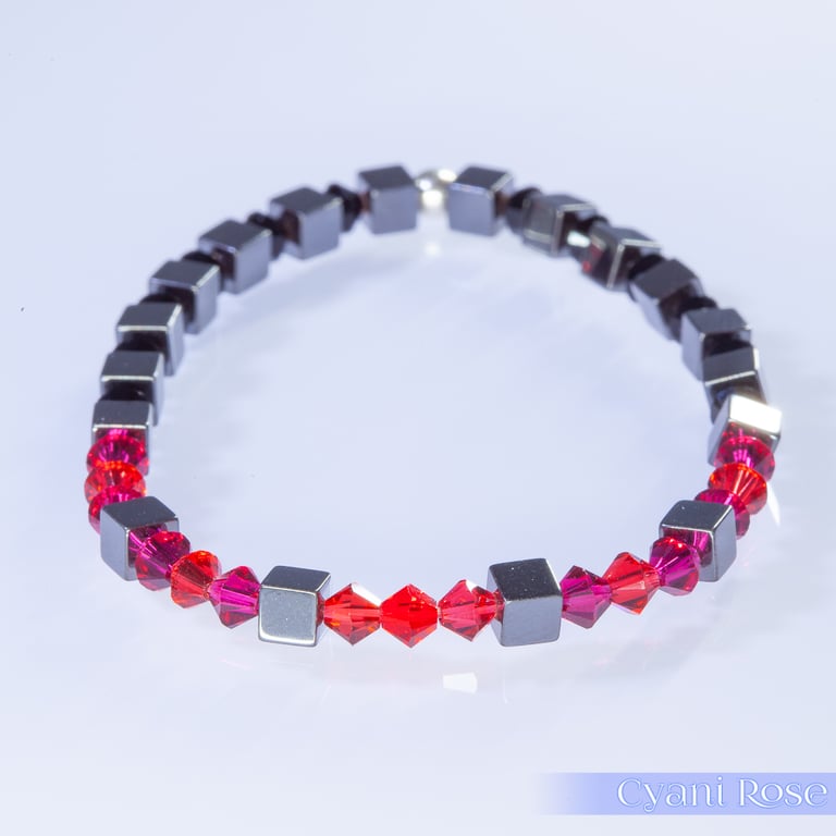 Swarovski and Hematite stretch beaded bracelet red pink black