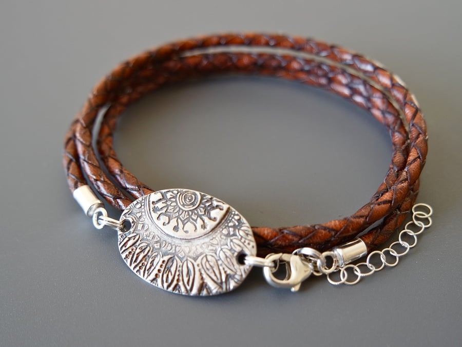 Fine Silver Mystic Mandala - Leather Wrap Bracelet