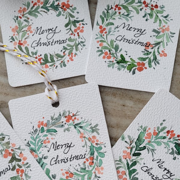 Hand painted original watercolor gift tags, set of 5, Christmas wreath, cheerful