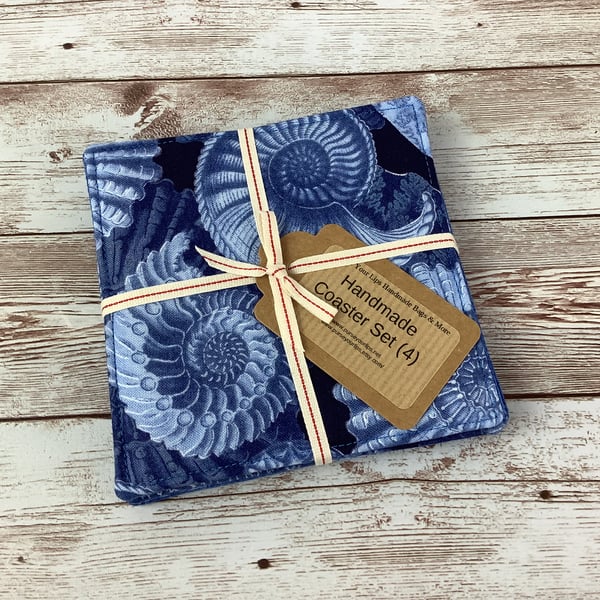 Ammonites coaster set, Fossils fabric coaster set of 4, Handmade