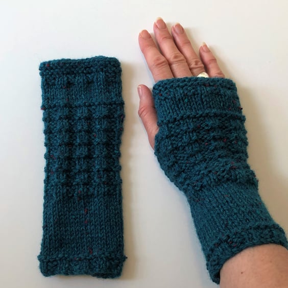 Fingerless Gloves Mittens Wrist Warmers in Dark Teal Blue Tweed Aran Wool