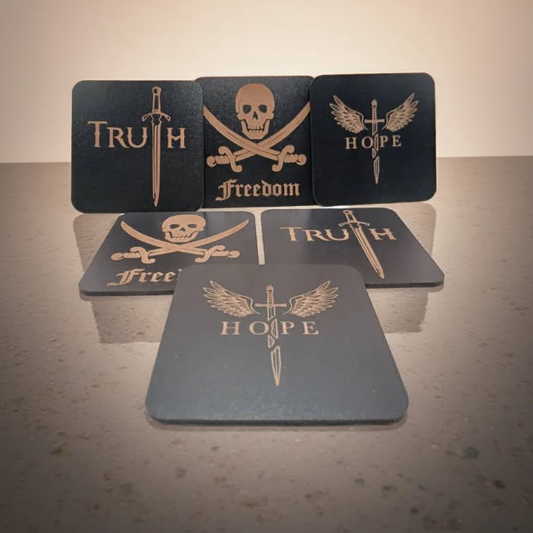 Set of 6 Wood Drink Coasters with exquisite sword engravings.