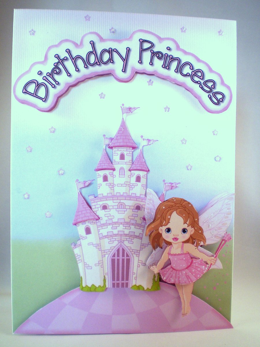 Handmade Princess Birthday Card, 3D,Decoupage,Fairy Castle,Personalise