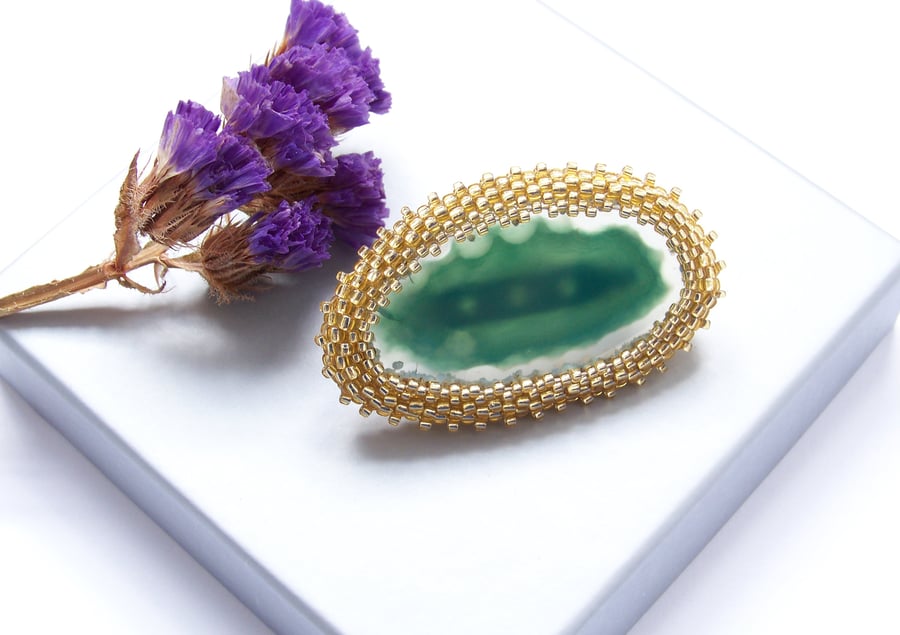 Handmade Agate Gemstone Brooch – Gold Beaded Pin