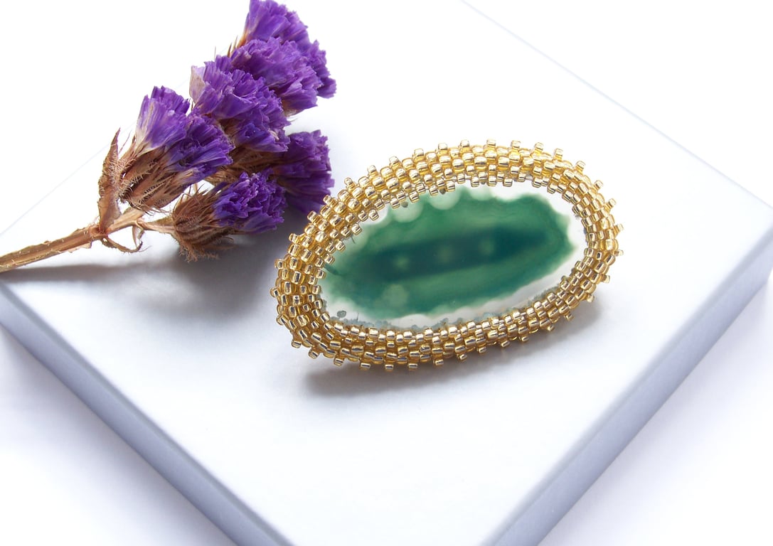 Handmade Agate Gemstone Brooch – Gold Beaded Pin