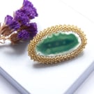 Handmade Agate Gemstone Brooch – Gold Beaded Pin