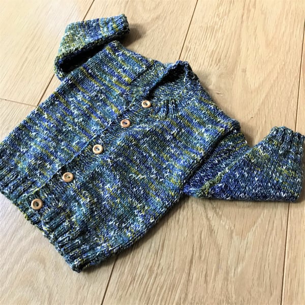 Hand Knitted Boy's Cardigan age up to 12 months in blue green tweed