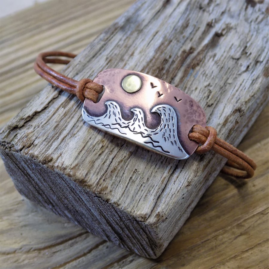 Copper, silver and brass 'sunlight on the ocean waves' mixed metal bracelet