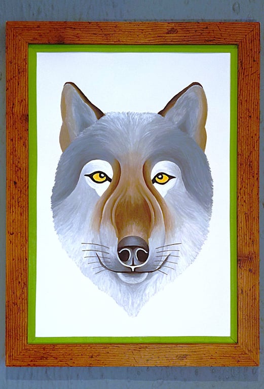 Handmade Unique Framed A3 Print Wolf Portrait Light Green Border Wallart Gift