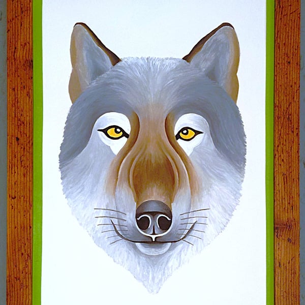 Handmade Unique Framed A3 Print Wolf Portrait Light Green Border Wallart Gift