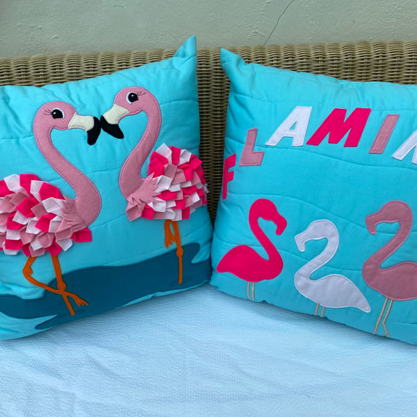 A Touch of Flamingo. Two Cushions with Flamingo Decoration. Holiday Memories 