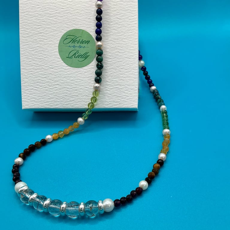 Multi-gem necklace with Chakra colours and sterling silver