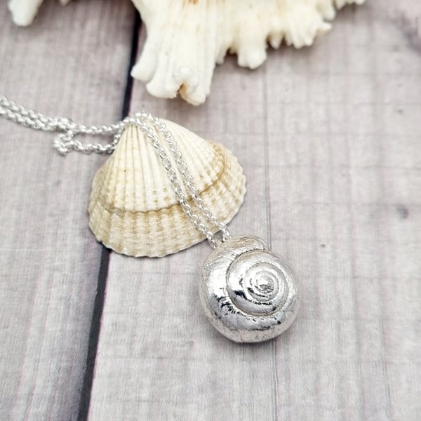Real snail shell preserved in silver, pendant necklace