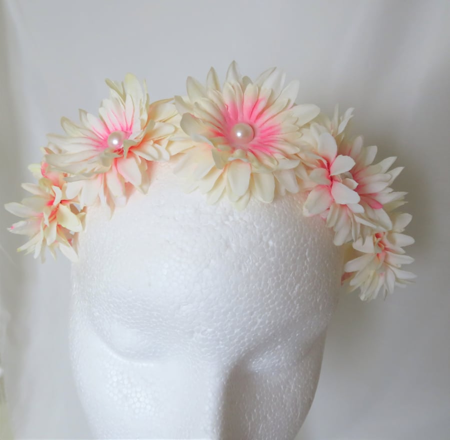 Coral & Cream Daisy Flower Crown Retro Vintage Boho Floral Hair Headband Band