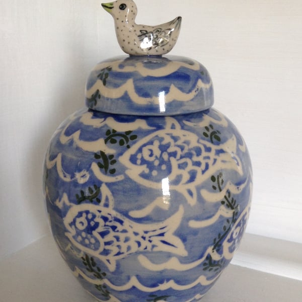 Blue ginger jar with bird top