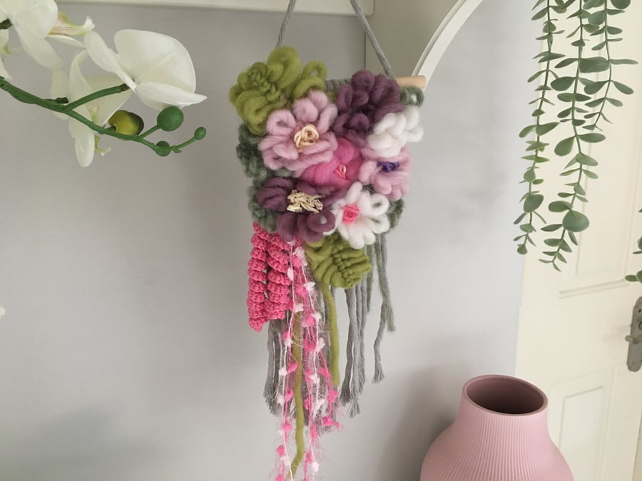 Beautiful textile and macrame woven floral wall hanging, gift for her