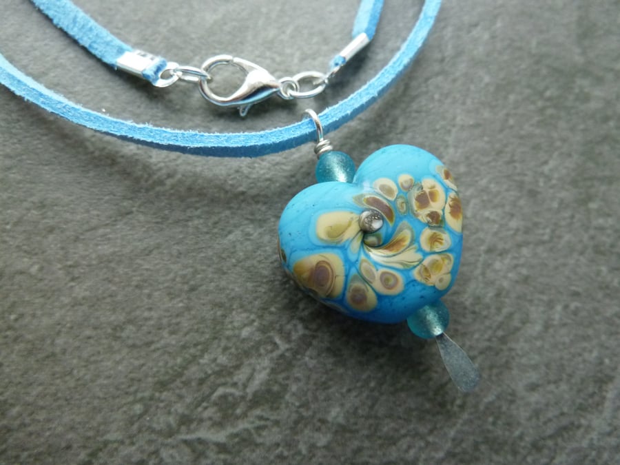 faux suede necklace, blue lampwork pendant