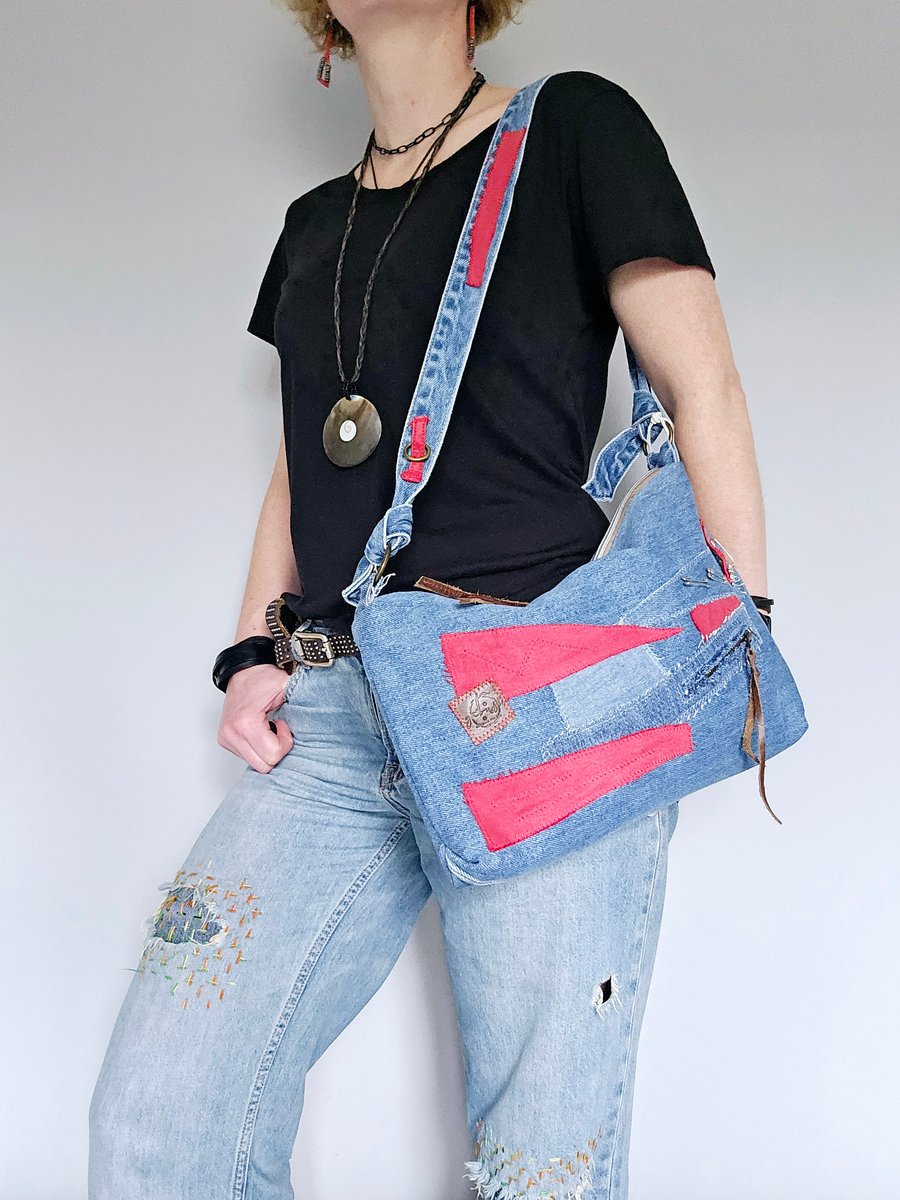 Jean crossbody bag, Dual zipper handbag, Multi pockets jeans purse 