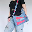 Jean crossbody bag, Dual zipper handbag, Multi pockets jeans purse 