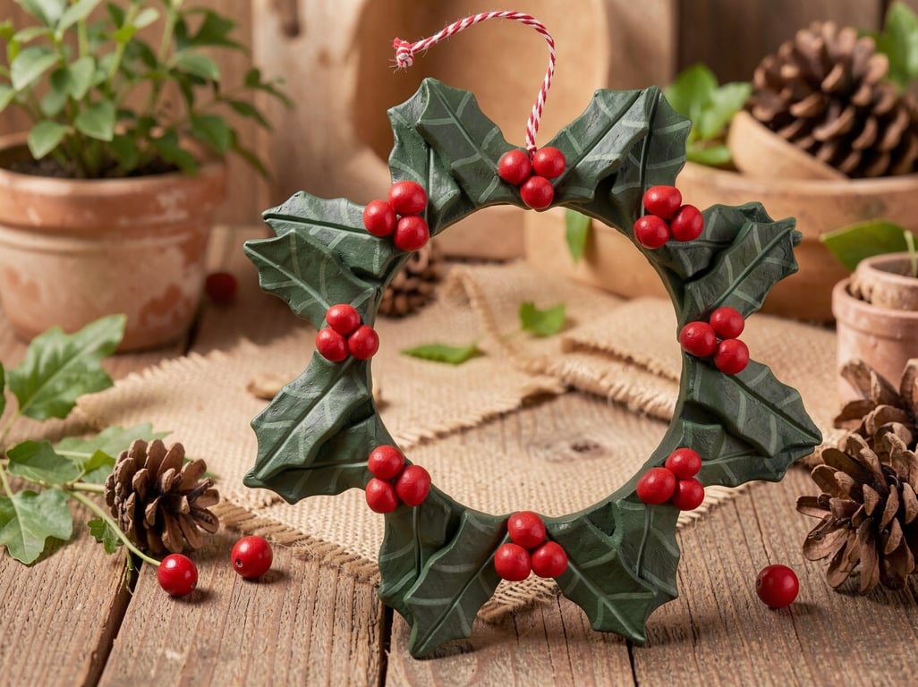 Clay Holly & Berry Wreath – Festive Hanging Decoration or Table Centerpiece