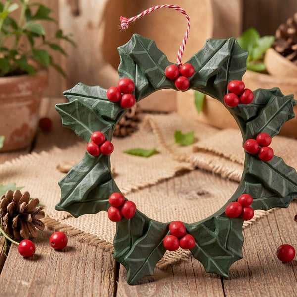 Clay Holly & Berry Wreath – Festive Hanging Decoration or Table Centerpiece