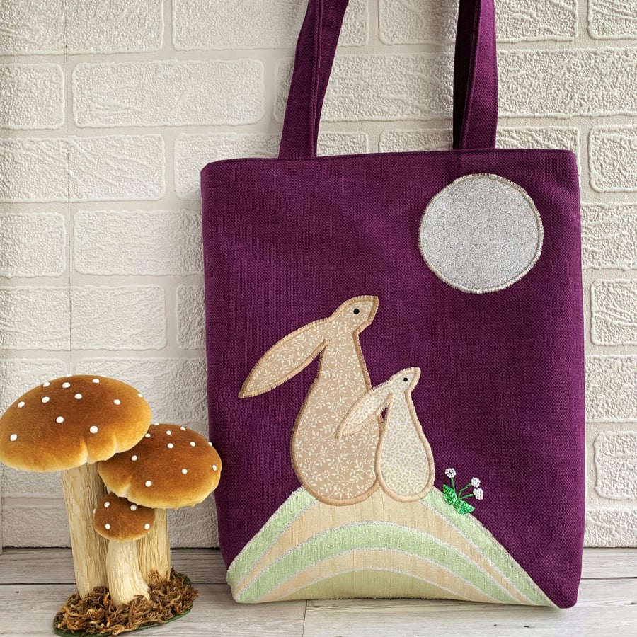 Purple Tote Bag with Moon Gazing Hares on a Hill