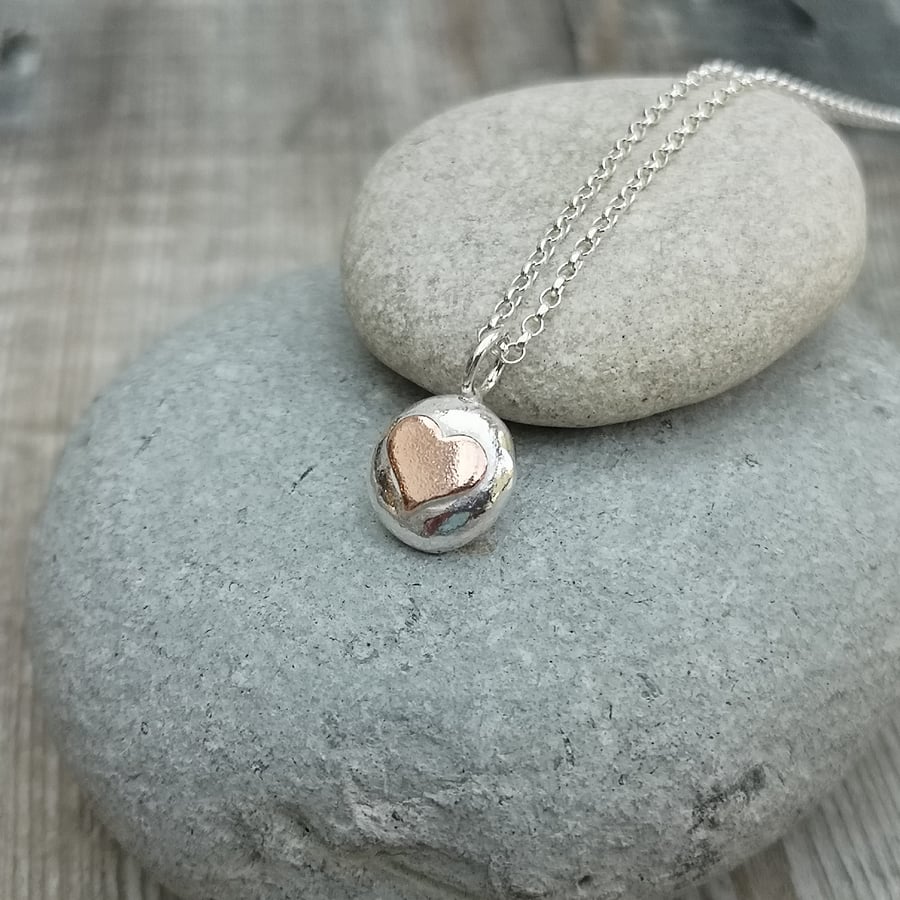 Sterling Silver Pebble and Copper Heart Necklace