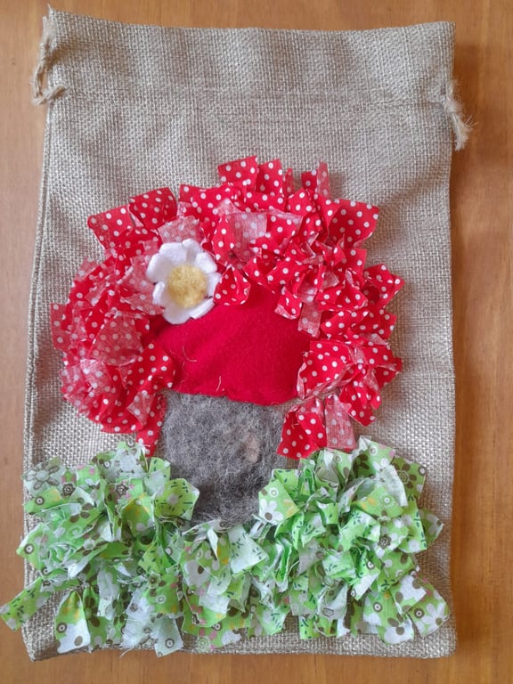 Rag Rug Drawstring Bag with mushroom design 