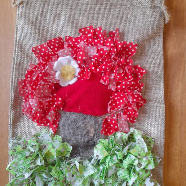 Rag Rug Drawstring Bag with mushroom design 