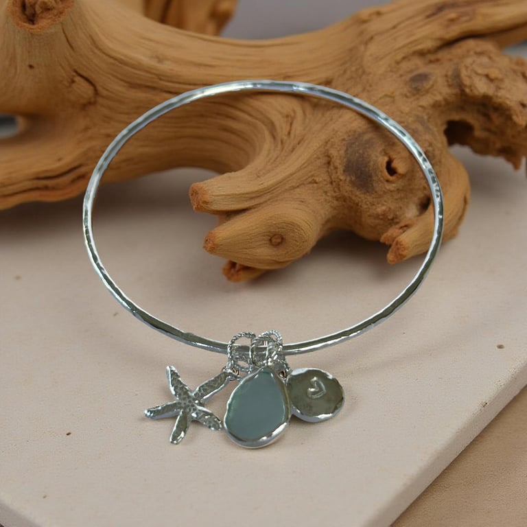 Silver Sea Glass Bangle With Starfish And Heart Charms