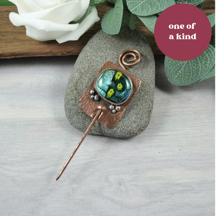 Shawl Pin Brooch. Copper with Artisan Dichroic Glass Cabachon