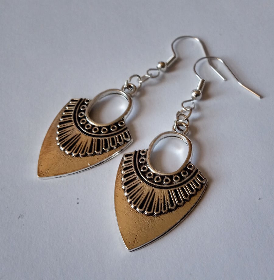 Large Arrowhead Bali Tribal Silver Plate Dangle Earrings