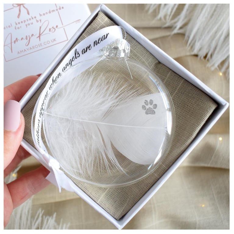 Pet Memorial Round Feather Bauble, Paw Print Round Glass Christmas Ornament, Pet