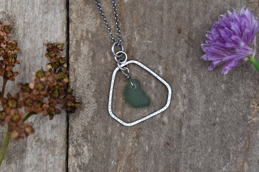 Scottish Sea Glass and Recycled Sterling Silver Necklace, Dark Green