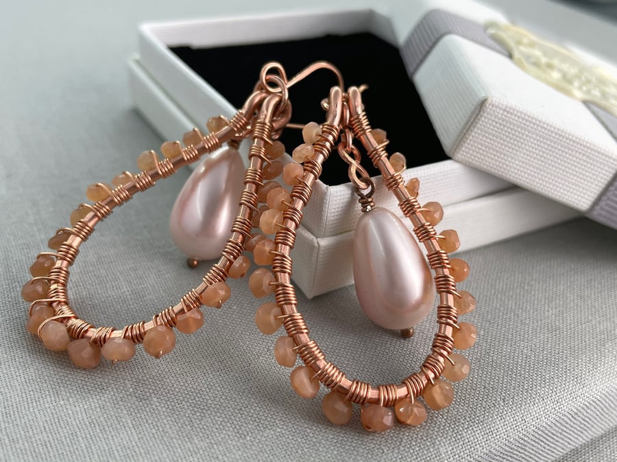 Elegant Boho Copper Teardrop Sunstone & Shell Pearl Earrings
