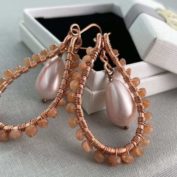 Elegant Boho Copper Teardrop Sunstone & Shell Pearl Earrings