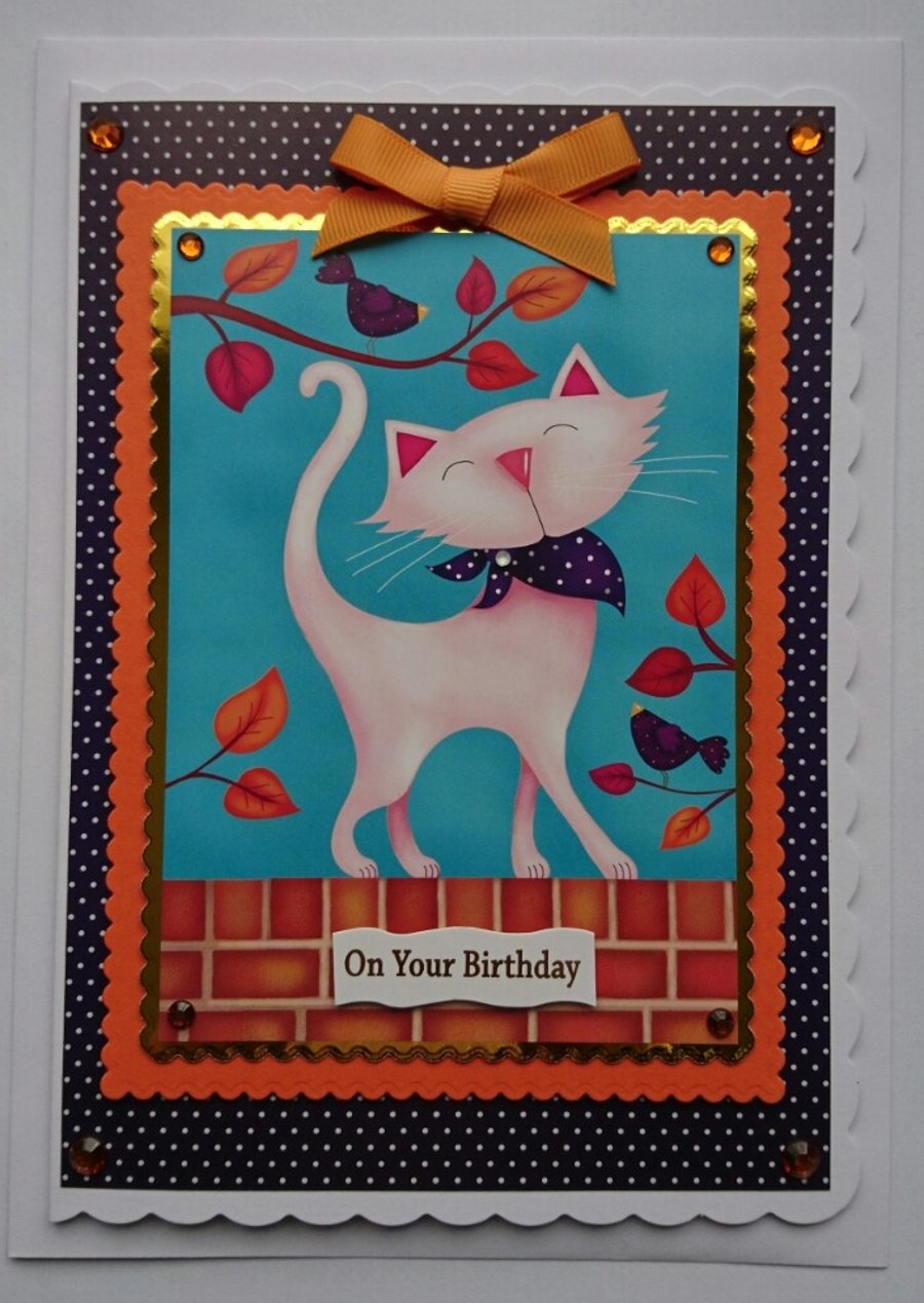 Birthday Card Cute Cat Aristocat on a Wall Catwalk 3D Luxury Handmade Card 