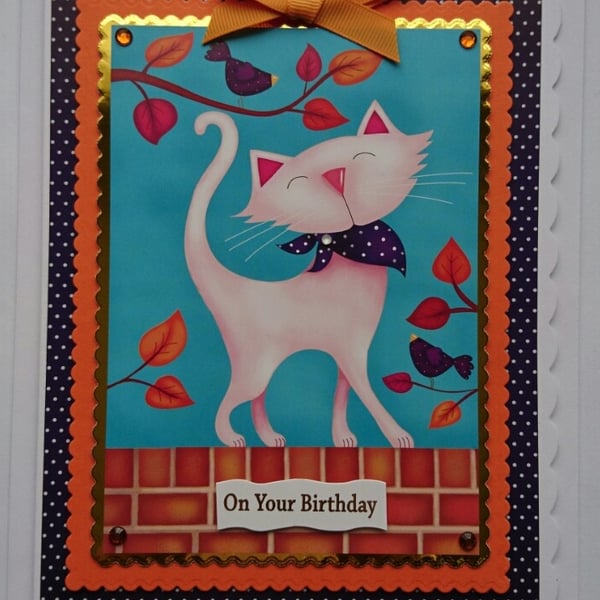 Birthday Card Cute Cat Aristocat on a Wall Catwalk 3D Luxury Handmade Card 