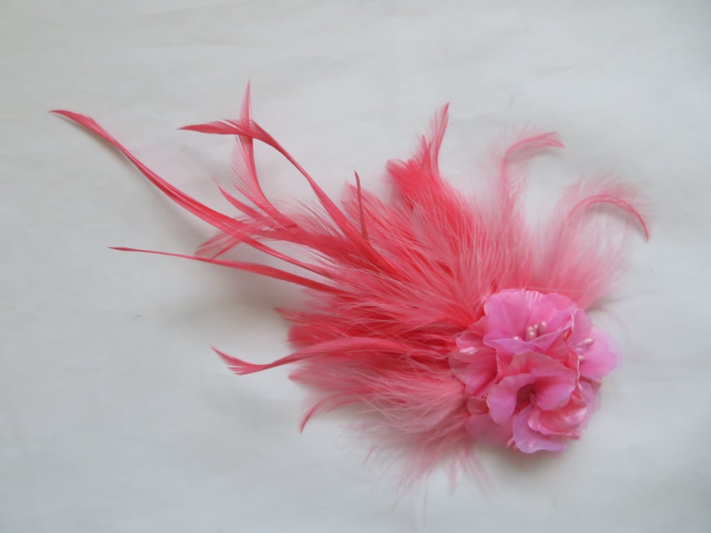 Coral Flamingo Salmon Pink Feather Plume and Flower Regency Style Vintage Clip