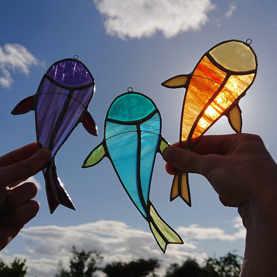 Stained glass carp fish, purple, turquoise or orange. Suncatcher decoration. 