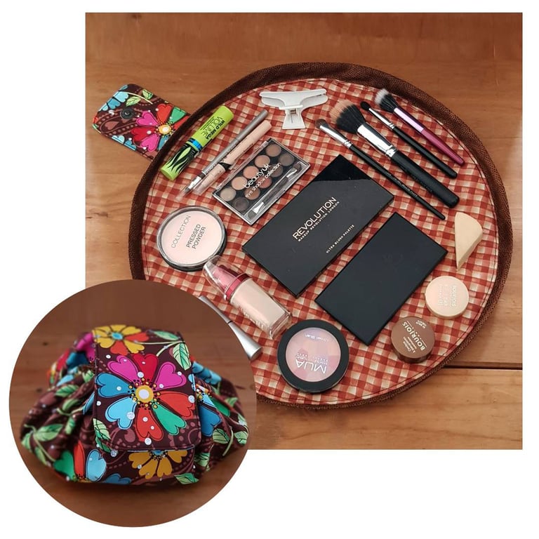 Retro Floral Lay Flat Cosmetics Bag - Drawstring Makeup Storage